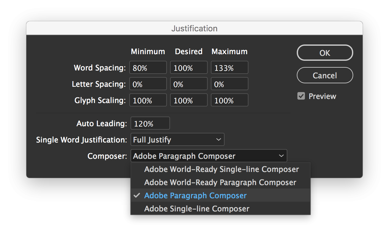 Screenshot: Blocksatz-Einstellungs-Dialog von Adobe InDesign. Hier kann man den Adobe Paragraph Composer einstellen.